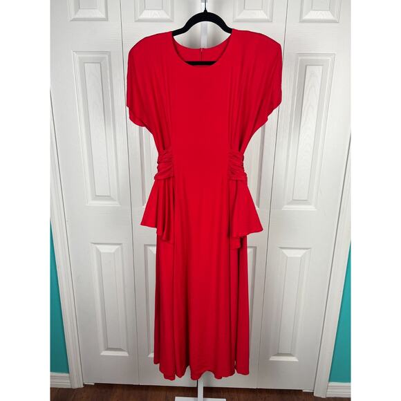 90s Hearts Brand Red Short Sleeve Tie Waist Secretary Midi Dress Size 10 - Picture 7 of 8